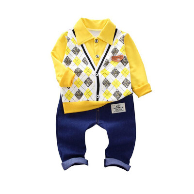 

Spring Baby Boy Clothes Cotton Fake 2 Pieces Design Long Sleeve Floral Shirt Tops Denim Pants Trousers Outfits Set