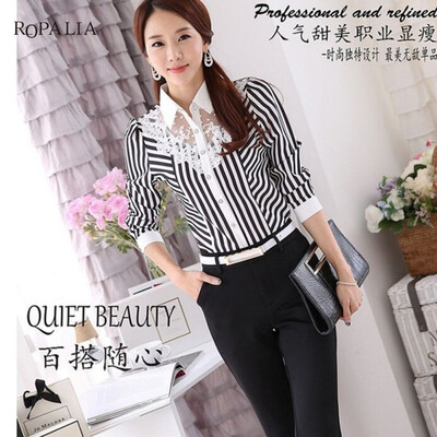 

Lace Striped Blouse Women Turn-Down Collar Blouses Office Lady Shirt Formal Long Sleeve Blouse