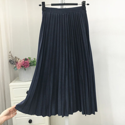 

Autumn Winter 2019 Women Pleated Skirt Elastic High Waist Long Skirts Casual Vintage A-line Suede Party Skirt Ladies Black Pink