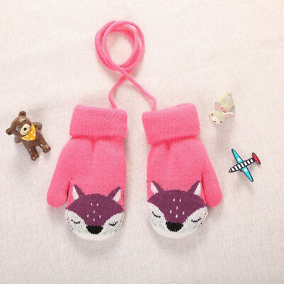 

Cute Cartoon Bear Baby Gloves Winter Wool Plus Thick Full Rope Finger Mittens Warm Knitted Gloves