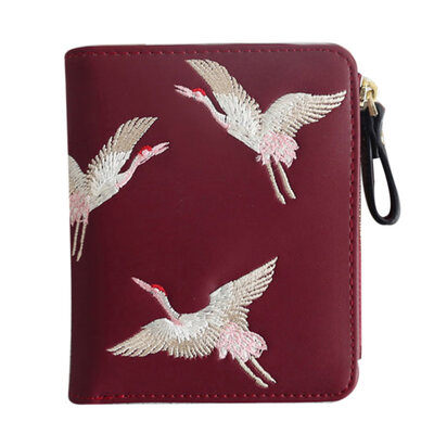 

Fashion Crane Embroidery Women Mini Wallet Short Purse Zipper Coin Card Holder