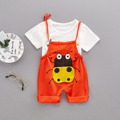 

Summer Children Kids Boys Girls Unisex Clothing Set Cartoon Printed Short-sleeved Round Collar Casual T-shirtBib Pants