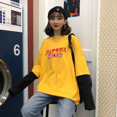 

Korean Ulzzang Female Harajuku BF T Shirt Autumn Long-sleeved Fake Two Piece Hip Hop Streetwear Oversize Women Tops