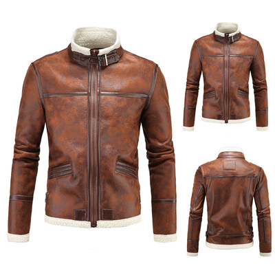 

Gobestart Mens Autumn Winter Casual Long Sleeve Thicken Stand Lambswool Leather Coat Top