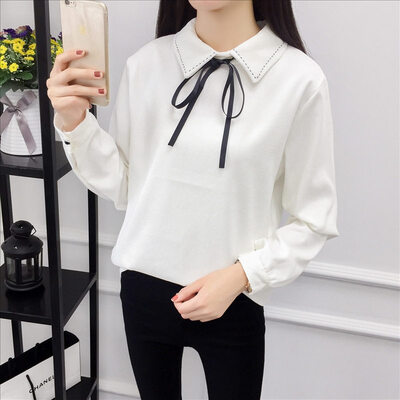 

Autumn Long Sleeve Women Shirt Office Lady Bow Woman Shirt Corduroy Plus Thick Solid Color Women Blouses Turn-Down Collar Top