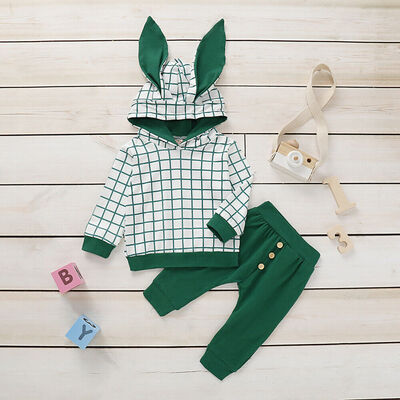 

Autumn Infant Baby Boy Girl Clothes Ears Plaids Hoodie TopsLong Pants Outfit