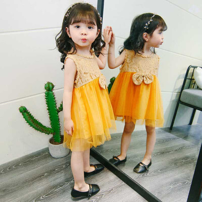 

Children Baby Girls Dress Summer Stitching Lace Mesh Bow Princess Cute Sweet Sleeveless Dress 1-5Y Lovely Toddler Girl Clothes
