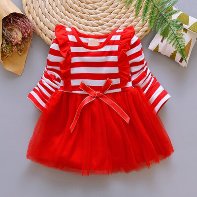 

Cute Children Girls Cute Stripes Mesh Stitching Bottoming Temperament Long Sleeve Sweet Princess Dress 0-3Y Newborn Baby Clothes