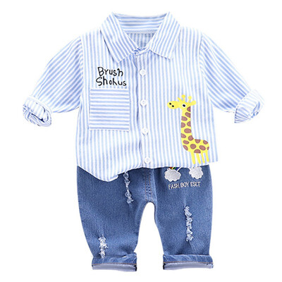 

Children clothes 2pcs Autumn Baby Boys clothes Casual Long Sleeve Striped Cartoon Print Shirt TopsCartoon Denim Pants Trouser