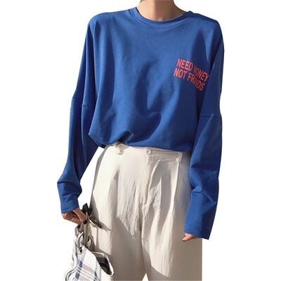 

Korean Style Loose Casual Letter Print Women T-shirts Autumn New Round Neck Long-sleeved Hip-hop Tops