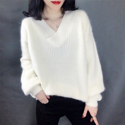 

Winter Fashion Ladies Mohair Thicken Knitting Sweater Solid V-Neck Pullover Pull Femme Jumper Loose Womens Sweater sweter