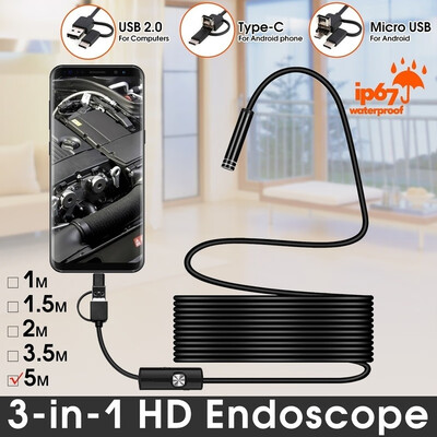 

3-in-1 1m2m35m5m 7mm 6 Leds Type C Micro USB Endoscope Inspection Camera Soft Cable for Android PC