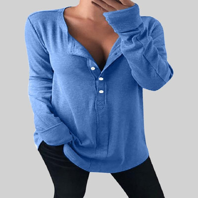 

Comfy V-neck Long Sleeves Buttons Solid Tee