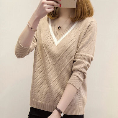 

Autumn Winter Sweater Women Pullovers Hollow Sweaters Women Loose Knitted Warm Sweater Female V-neck Small Fresh Sweater