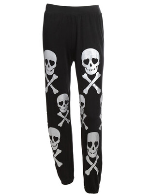 

Black Cotton Pants Skull Print Long Women Pants Casual High Waist Trousers