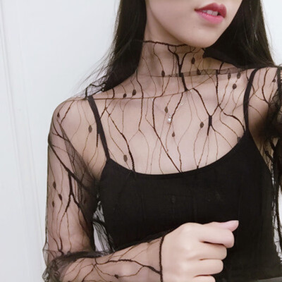 

Sexy See Through Blouse 2017 Summer Women Transparent Mesh Stand Neck Long Sleeve Sheer Shirts Ladies Tee Tops S3
