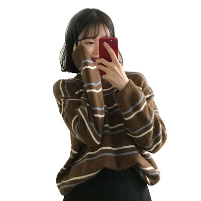 

2019 Autumn Winter Women Sweaters Fashion Stripe Long Sleeve O Neck Pullovers Female Loose Casual Knitted Sweater Pull Femme
