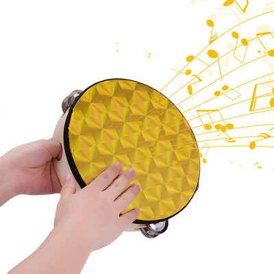 

8 Inch Wooden Radiant Tambourine Handbell Hand Drum with Double Row Jingles Reflective Drum Head Percussion Instrument Musical Toy