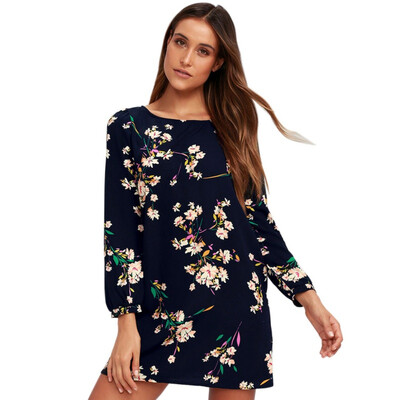 

Women Dress 2018 Bohemia O-neck Long Sleeve Floral Print Beach Dress Vestidos