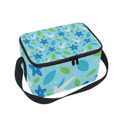 

ALAZA Insulated Lunch Box Blue Flower Birds Lunch Bag for Men Women Portable Tote Bag Cooler Bag
