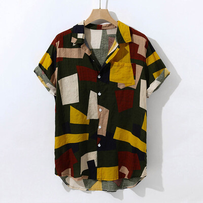 

Men Casual Short Sleeve T-shirts Lapel Beach Loose Shirts Print Buttons Tops Tee