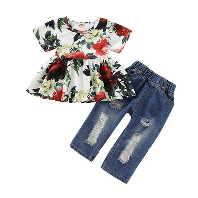 

Pullover Floral Summer Baby Toddler Girl Short Sleeve Floral Print T-shirt Blouse Tops Denim Trousers Pants Casual Outfits