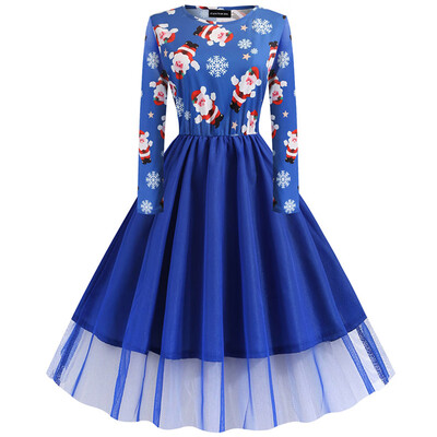 

Christmas Santa Snowflake Printed Xmas A-Line Oversize Dresses Casual Slim Waist Lace Stitching Evening Party