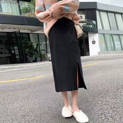 

Spring Autumn Knitted Hip Skirt Split Slim Solid Color High Waist Mid-calf Female Korean Style Preppy Skirts