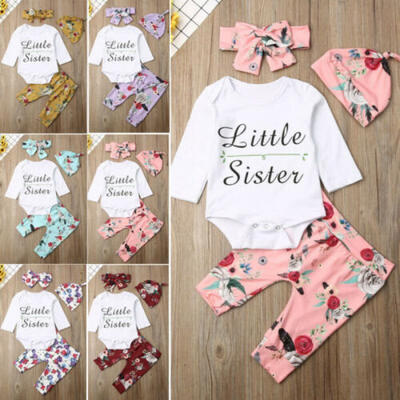 

UK Newborn Baby Girl Little Sister Romper Long Pants Hat Outfit Clothes 4PCS Set