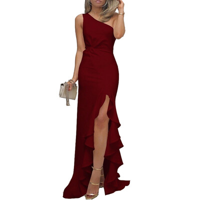

Women One Off The Shoulder Falbala Slit Evening Dress