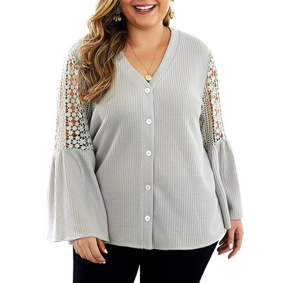 

Women Casual All-match Solid Cardigan V-neck Hollow-out Sweater Autumn Winter Elegant Sweater Top XXXXL