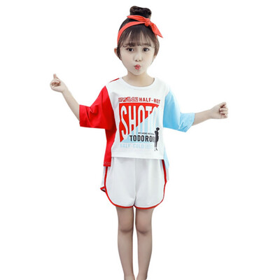 

2Pcs Kids Girls Summer Short Sleeve T-Shirt Round Collar Casual TopsLoose Hip-Hop Print Shorts