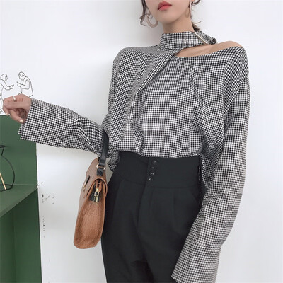 

Women Plaid Shirts Korean Vintage Fashion Halter Patchwork Blouse Long Sleeve Casual Loose Female Blusas
