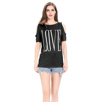 

LOVE Letter Print Off Shoulder Short Sleeves O-neck Casual T-shirt Female Summer Loose Fashion Women Tops WhiteBlackGrayPink