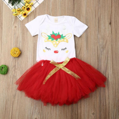 

US Newborn Kids Girls Christmas Costume Deer Romper Tops Tutu Skirt Outfits Set