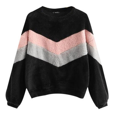

Women Long-Sleeves Fleece Winter Stitching Plush Warm Pullover Shirt Tops