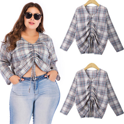 

Gobestart Ladies Long Sleeve Lattice Print V-neck Draw String Large Size Shirt Short Tops