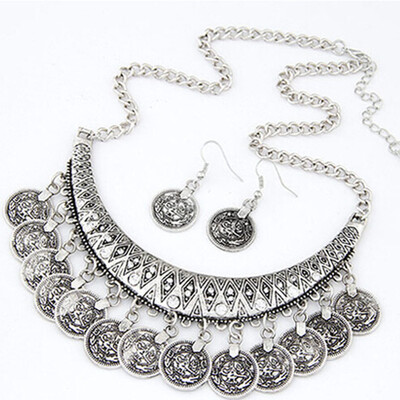 

New Fashion Luxury Womens Metal Coins Pendant Chain Bib Necklace Earrings Jewelry Set Chritsmas Gift