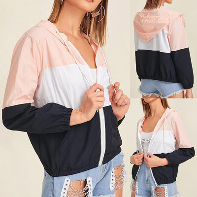 

Toponeto Womens Cut And Sew Drawstring Hooded Windbreaker Jacket Coat Outwear Overcoat