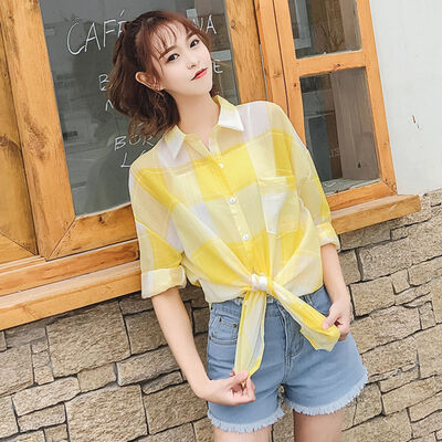 

Woman Blouses Summer Thin Short Female Tops Plaid Chiffon Womens Top Blouse 2019 New Arrival Female Korean Blouse