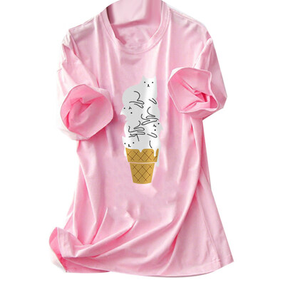 

Funny Cartoon Cat Ice Cream Print Summer T-Shirt Women Short Sleeve O-Neck Top