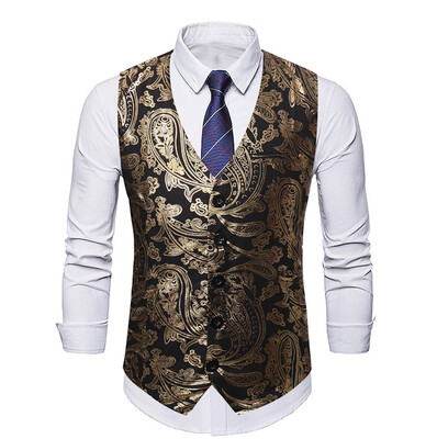 

Toponeto Mens Fashion Business Casual Gold Stamping Flower Printing Waistcoat Tops Vest