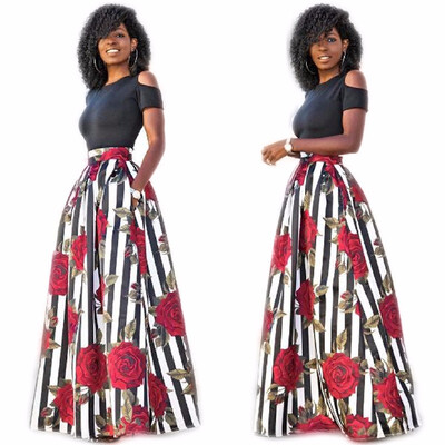 

New Two Pieces Casual Women Maxi Dresses Short Sleeve Black Top Long Pattern Floral Dress Plus Size Vestidos