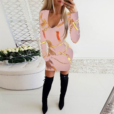 

Sexy Women Autumn Print Dress V Neck Long Sleeve Bodycon Fashion Nightclub Party Mini Dress