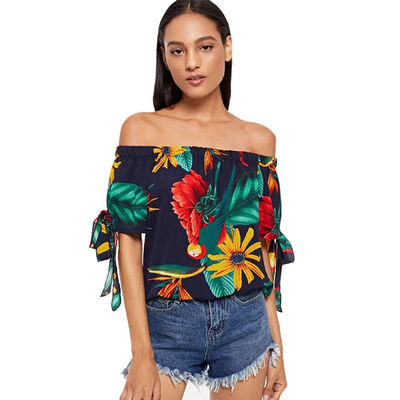 

EFINNY Women Off Shoulder Leaf Printed Short Sleeve Blouse Women Sexy Strapless Shirt Streetwear Party Beach Clothing