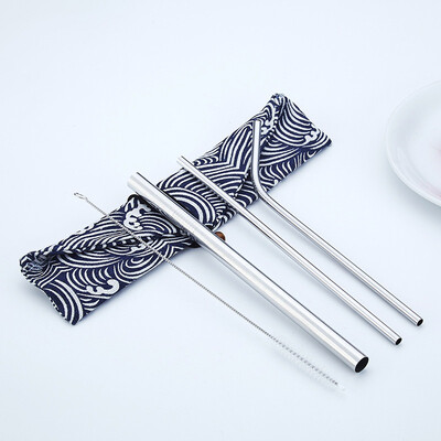 

Portable 4 Pieces Reusable Metal Drinking Straws Kit With Cleaning Brush Storage Canvas Bag For Travel Camping Picnic
