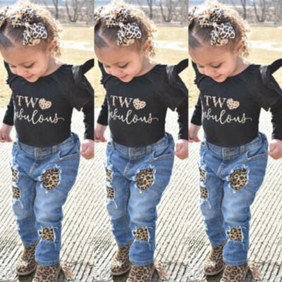 

US Toddler Kids Baby Girls Winter Clothes Ruffle Tops Romper Denim Pants Outfits