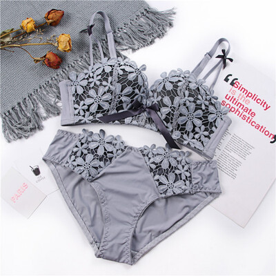 

Women Lace Oriental Cherry Bra Sets Sexy Padded Push Up Lace Bras Cotton Crotch Low Waist Lace Panties Suits