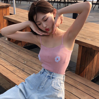 

2019 Summer Top Female Causal Knitted Floral Print Cami Tops Summer Beach Wear Sexy Vest Sleeveless Basic Camisole