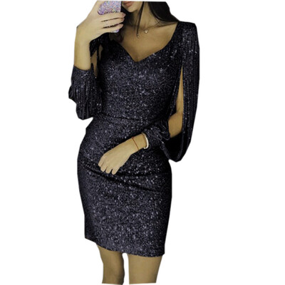 

Ladies Women Sexy Long Sleeve V Neck Bodycon Dress Slim Fit Sequin Night Club Party Mini Dresses